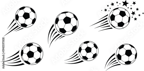 Soccer ball motion set football ball flying with speed trail sports vector illustration