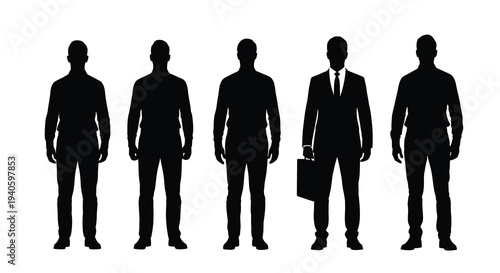 A collection of five silhouetted figures showcasing varying body types and one individual in formal business attire high quality