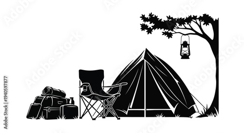A black and white illustration depicts a camping scene with a tent chair stacked supplies and hanging lantern beneath tree branches