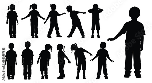 A collection of silhouetted children in various poses seemingly playing or moving against a stark white background high quality