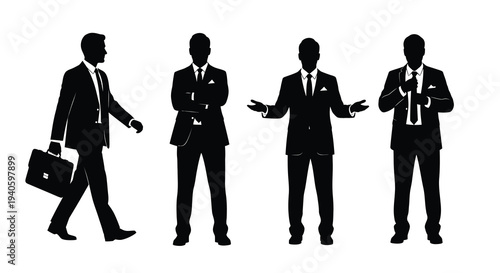 A stark silhouette illustration depicts four businessmen in suits each exhibiting different postures and actions in a business setting