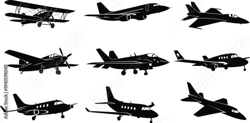 Silhouettes of nine diverse aircraft including biplanes, commercial jets, fighter planes, propeller aircraft, and private jets arranged in grid for aviation, transport, and technology concepts