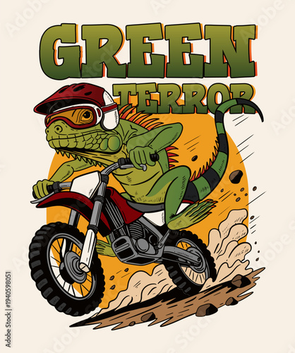 Green Iguana Riding Dirt Bike Illustration for Extreme Sports Vintage T-Shirt Design