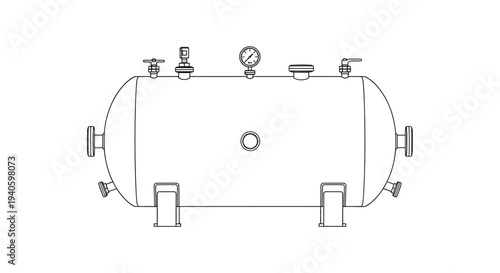 A simple line drawing depicts a horizontal cylindrical pressure tank with various valves a gauge and supporting legs