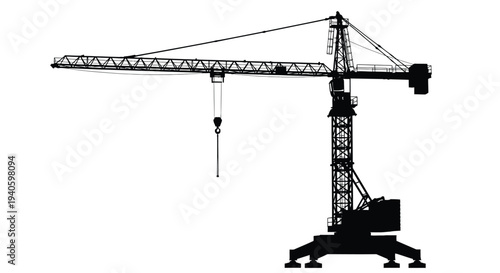 A stark silhouette of a towering construction crane against a plain white background emphasizing its structural complexity high quality