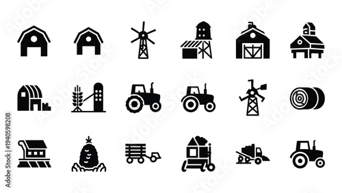 Black and white icons of farm equipment and buildings