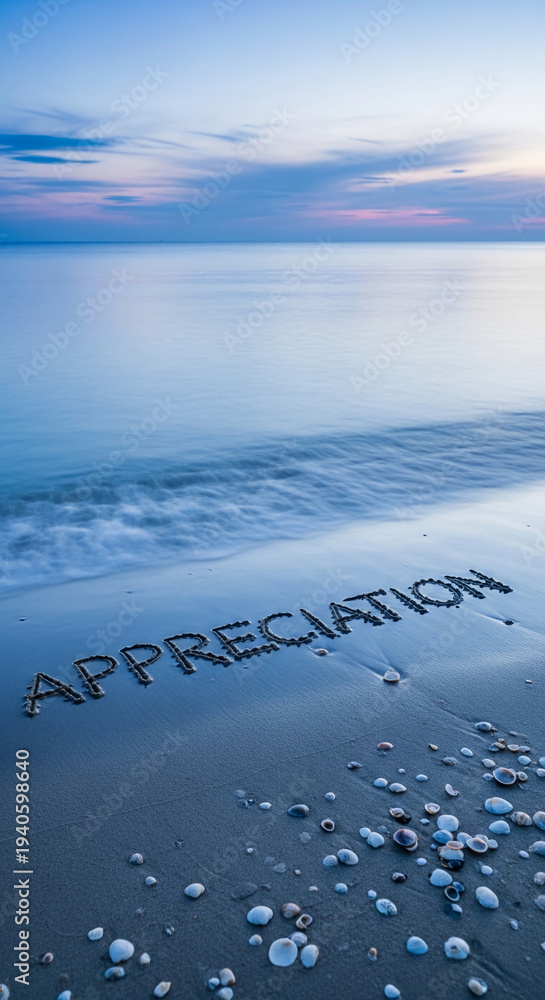 Fototapeta premium Scenic ocean beach with waves and seashells. The word 