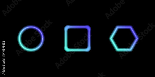 Distinct geometric outlines including a circle square and hexagon illuminate a dark space with soft colors