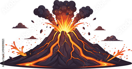 Exploding volcano with flowing lava and smoke dramatic eruption vector illustration