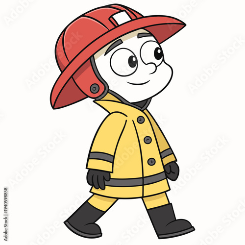 Cartoon firefighter character, cheerful expression, walking confidently, white background