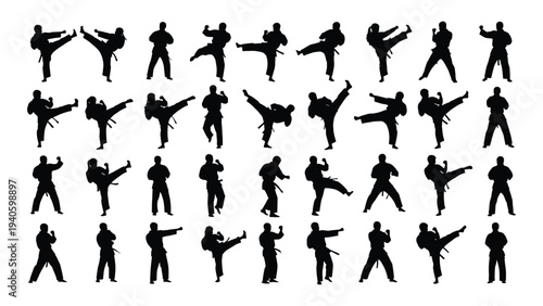 Various silhouettes of people practicing karate