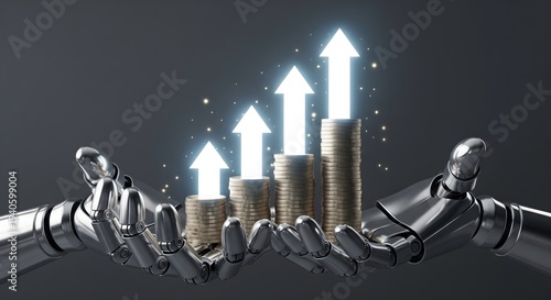 A robotic hand holding stacks of gold coins with glowing growth arrows representing financial success and artificial intelligence.