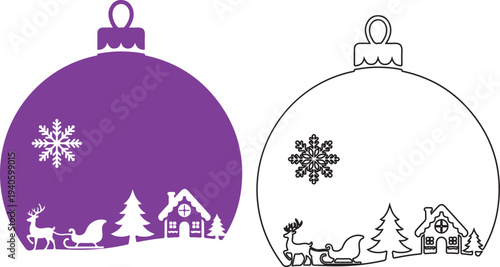 Christmas ornaments with santa sleigh and reindeer silhouette on transparent background