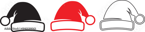 Christmas santa hat illustrations in different styles and colors on transparent background