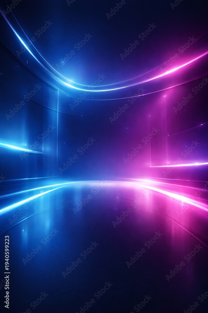 Fototapeta premium Abstract digital background providing a dynamic space filled with glowing blue and magenta light trails, reflecting on a dark, sleek ground, creating a futuristic visual concept