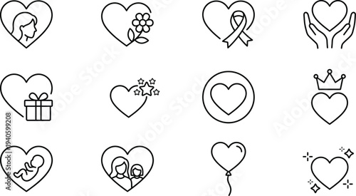Collection of heart icons with various symbols and objects