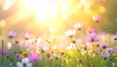 Beautiful springtime meadow flowers on blurred pastel background. 