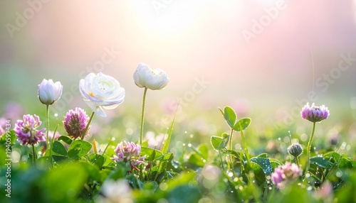 Springtime rainy blurred meadow flowers as background. 