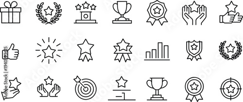 Achievement award line icons set, success trophy star rating, business recognition reward, goal target, winner badge outline vector