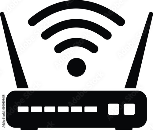 Black Icon of a Wireless Router with Wi- Fi Signal and Antennas wifi internet