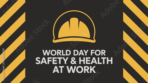 Industrial Safety and Health at Work Graphic with Caution Stripes and Hard Hat Icon for Corporate Training and Workplace Protection Services