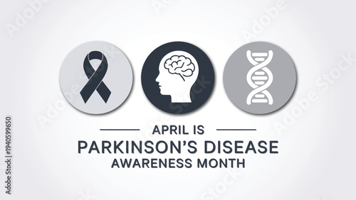 Parkinson’s Disease Awareness Month April Background with Brain DNA and Ribbon Icons for Neurology Research and Patient Support Marketing