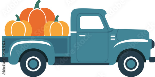 Vintage Teal Pickup Truck Loaded With Orange Pumpkins On White Background retro