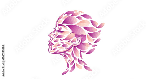 A stylized illustration of a woman's head made of pink and purple leaves on a white background, symbolizing International Women's Day with a creative design.