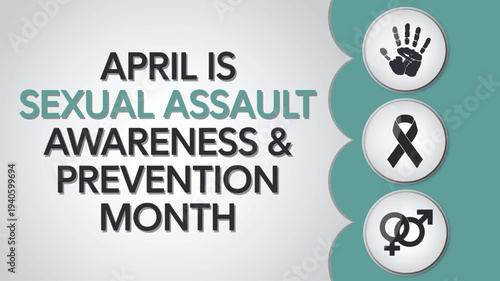 Sexual Assault Awareness and Prevention Month Poster for April with Support Icons and Teal Accents for Advocacy and Counseling Services