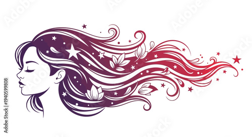Illustration of a woman's face with flowing hair decorated with stars, flowers, and swirling lines on a white background, symbolizing International Women's Day.