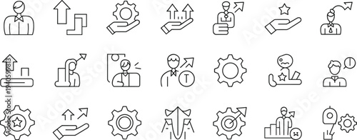Business growth line icons set, career development, leadership, teamwork, performance improvement, productivity strategy, management, success motivation concept outline vector illustration