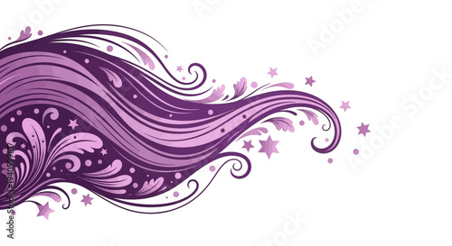 A vibrant purple floral design element with swirling patterns and stars on a white background, ideal for International Women's Day or other celebratory events.
