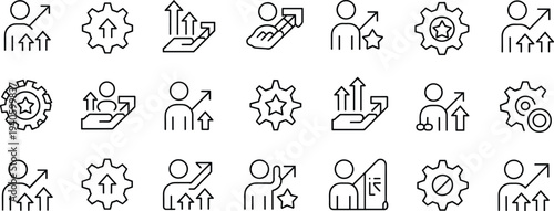 Business growth and performance line icons set, strategy development, leadership success, productivity improvement, analytics progress, management symbols, vector outline collection