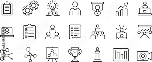 business, management, line, icons, set, productivity, teamwork, leadership, presentation, analytics, marketing, startup, strategy, checklist, laptop, network, trophy, growth, camera, outline