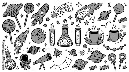 Cute celestial candy laboratory doodles with planet lollipops astronaut and magic science flasks