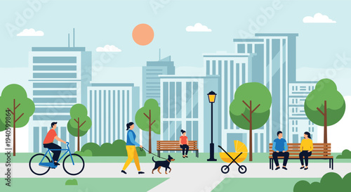 People relaxing in city park walking cycling sitting on benches urban lifestyle vector illustration