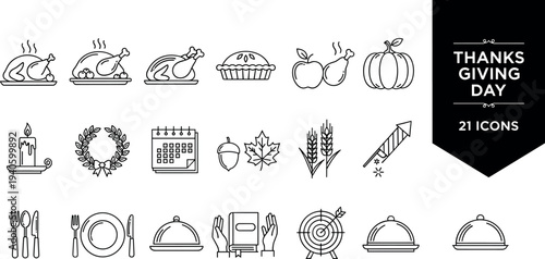 Thanksgiving day icon set with turkey pumpkin pie autumn leaves and dinner symbols in black line art on white background