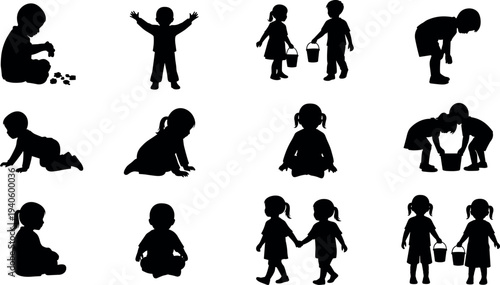 Black toddler child silhouette set with kids playing crawling and walking together isolated on white background for family and education
