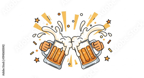 Two Mugs of Beer Clinking Together with Splashing Foam.