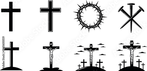 Christian cross icon set with crown of thorns nails and Jesus crucifixion on Calvary hill isolated on white background for Easter