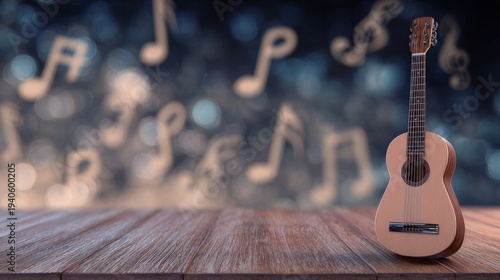 Acoustic guitar on wooden planks with musical note bokeh, warm soft light, cozy music atmosphere, horizontal view, detailed texture, ideal for music, instruments, melody, performance