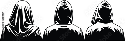 Hooded person silhouettes collection, anonymous hacker mystery cloak figure back view dark character vector illustration set