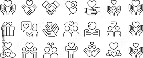 Love and care line icons set, charity support, relationship symbols, kindness concept, helping hands, compassion, donation, community support
