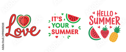 Colorful summer lettering designs featuring watermelons strawberries pineapples and heartfelt messages high quality professional detailed