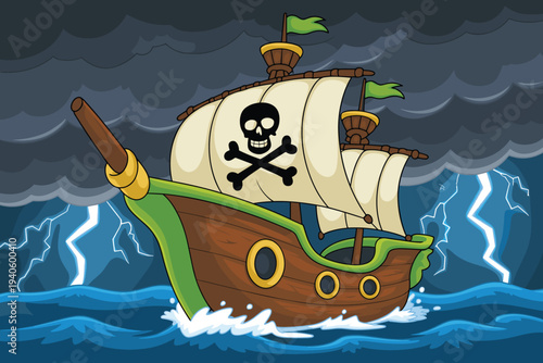 Pirate ship sailing stormy seas with skull flag and lightning bolts during dark cloudy night sky vector