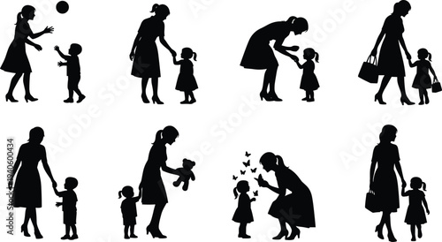 Mother and child silhouettes set, parenting family love care moments with kids playing walking hugging vector collection