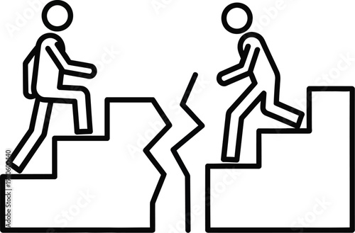 Two stick figures attempt to bridge a wide, jagged gap separating their ascending staircases symbolizing disconnection or failed opportunities.