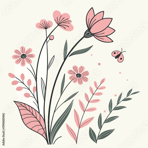 Whimsical pink flowers and butterfly in elegant minimalist illustration