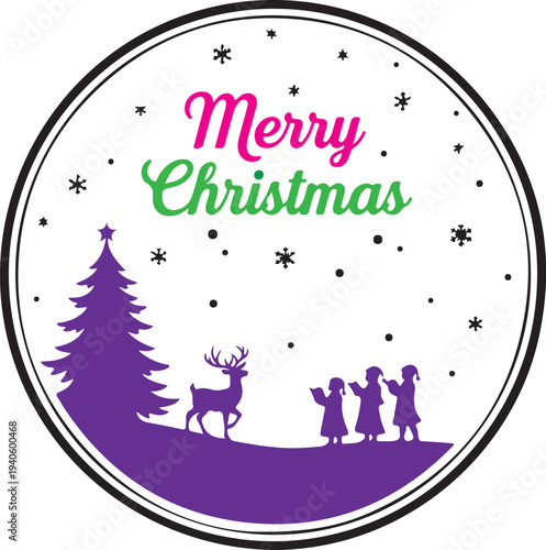 Merry Christmas design with silhouetted children and deer near a tree on transparent background