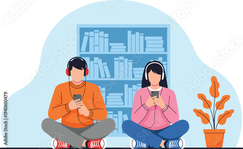 Teenagers sitting with smartphones and headphones listening to music vector illustration
